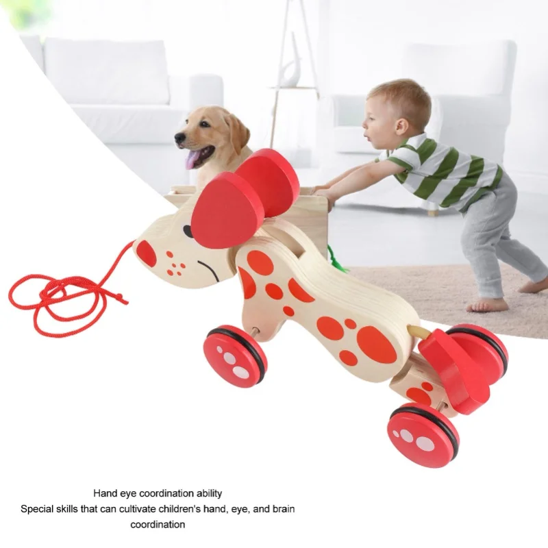 Push-Pull-Spielzeug, Welpe, Spaziergang entlang, Ziehen, Hölzerner Hund, Spaziergang, ein langer Welpe, Holz-Pull-Spielzeug zum Spazierengehen, Kleinkinder, Hundestil