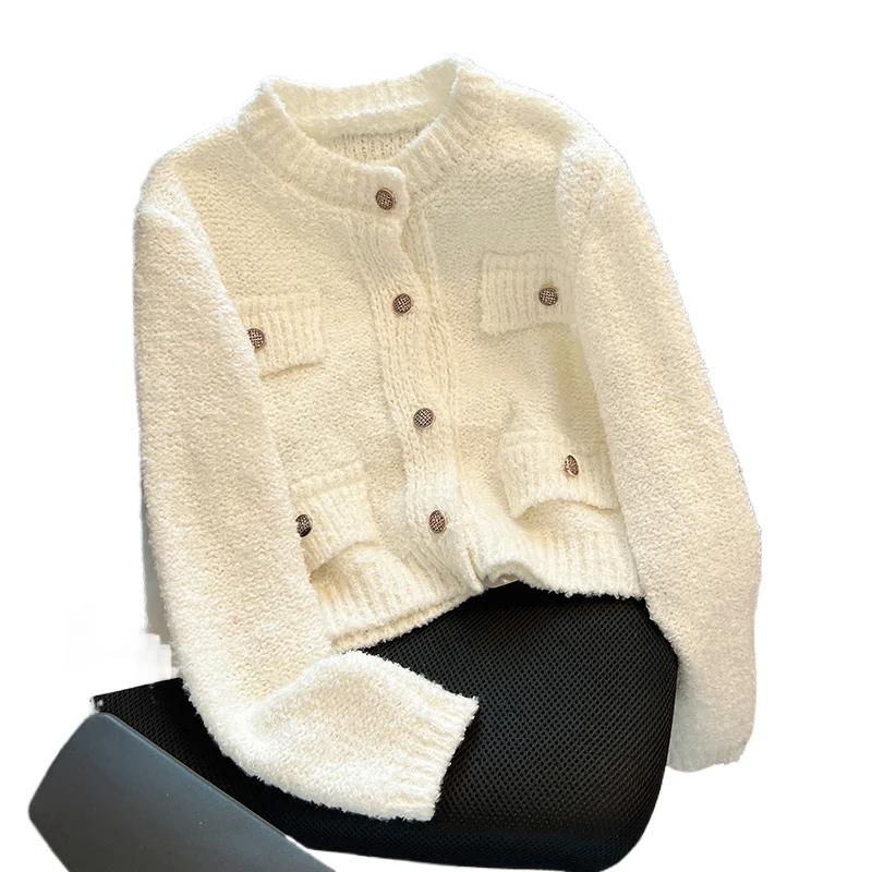 

Вязаный свитер во французском стиле ретро, весна-осень, новый однобортный кардиган, женский короткий зимний толстый кардиган с длинными рукавами и круглым вырезом