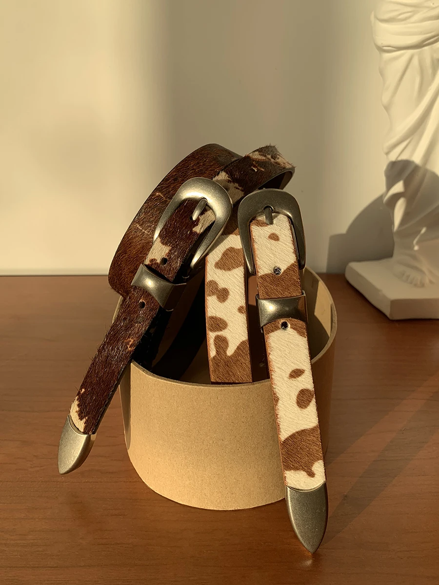 Women Men Handmade Cow Print Buckle Belt 2cm