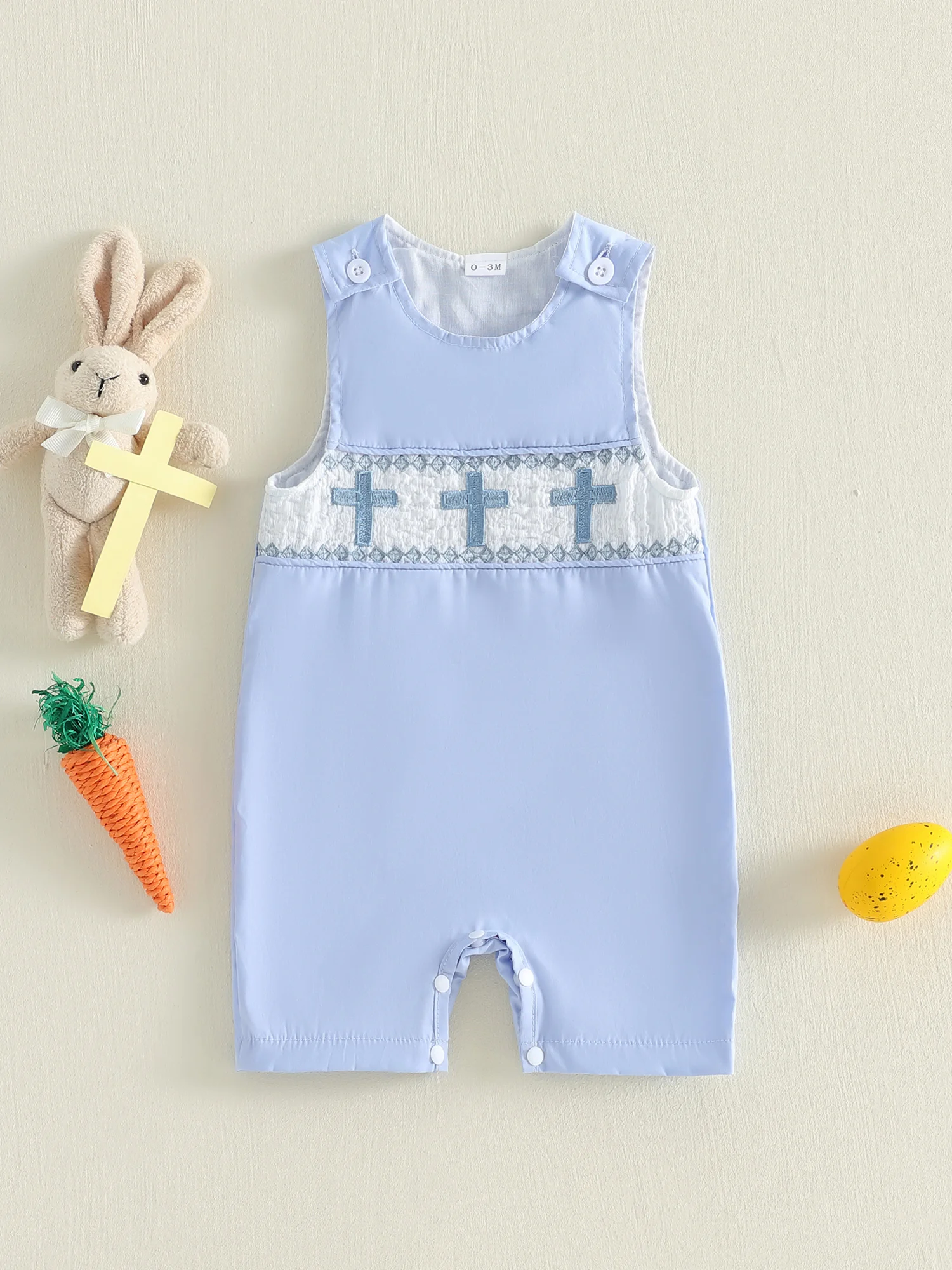 

Toddler Boys Easter Outfits Cross Embroidered Sleeveless Rompers Infant Bodysuits Overalls Jumpsuits with Button Detail