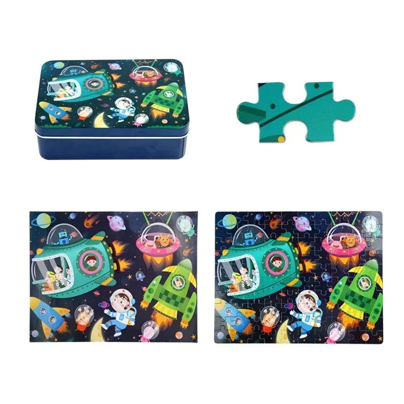 Kinderen Creatieve Houten Puzzel Ijzeren Doos Kleuterschool Baby Vroeg Onderwijs Cartoon Dierenverkeer Puzzel Cognitief Interactief Spel