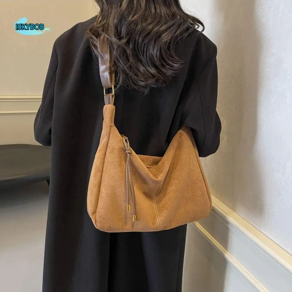 

Brown Suede Velvet Shoulder Bag Handbag Large Capacity Vintage PU Crossbody Bag Solid Color Korean Style Female Tote Bag