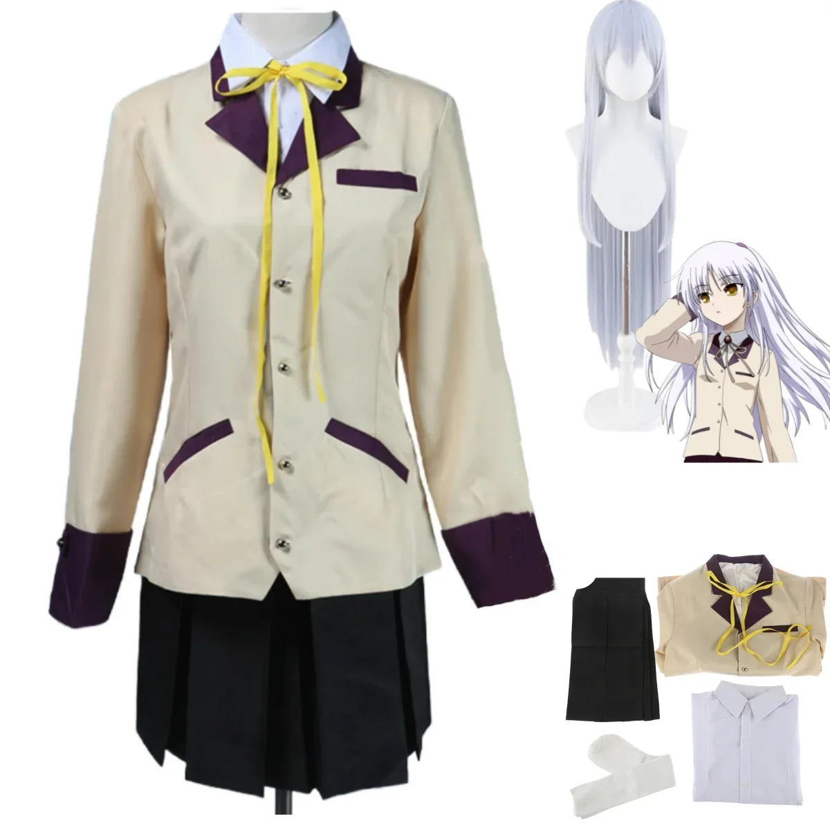 

Anime Angel Beats! Tachibana Kanade Cosplay Costume Angel Wig Day Han JK School Uniform Skirt Woman Masquerade Ball Suit