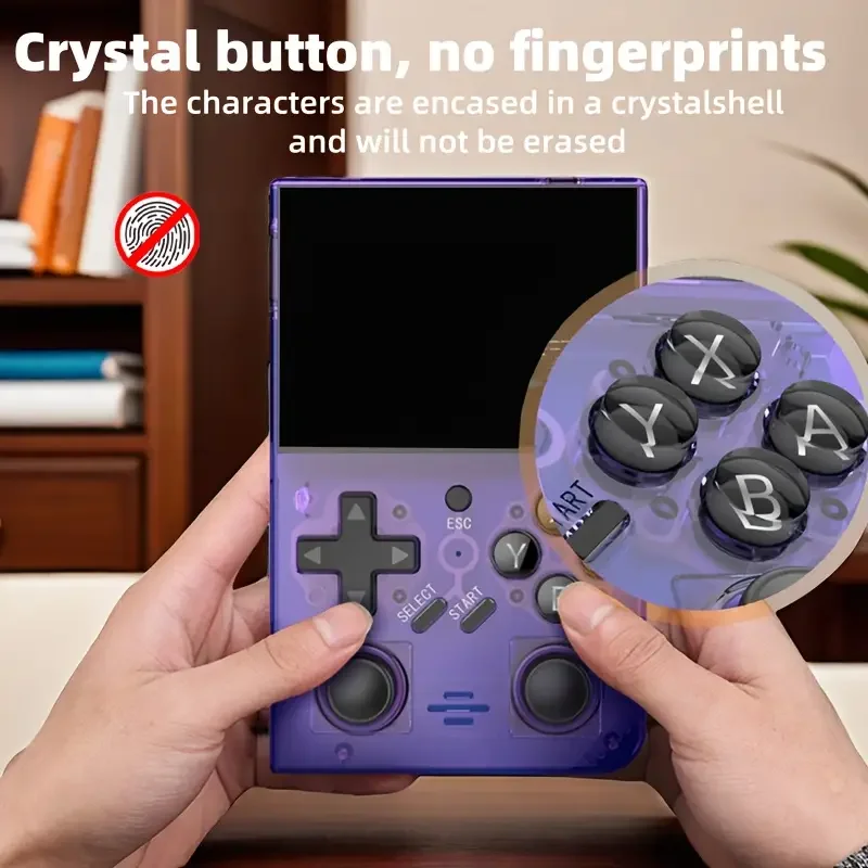 

Retro handheld game console. 3.5-inch screen, portable pocket game console with headphone jack, USB charging.