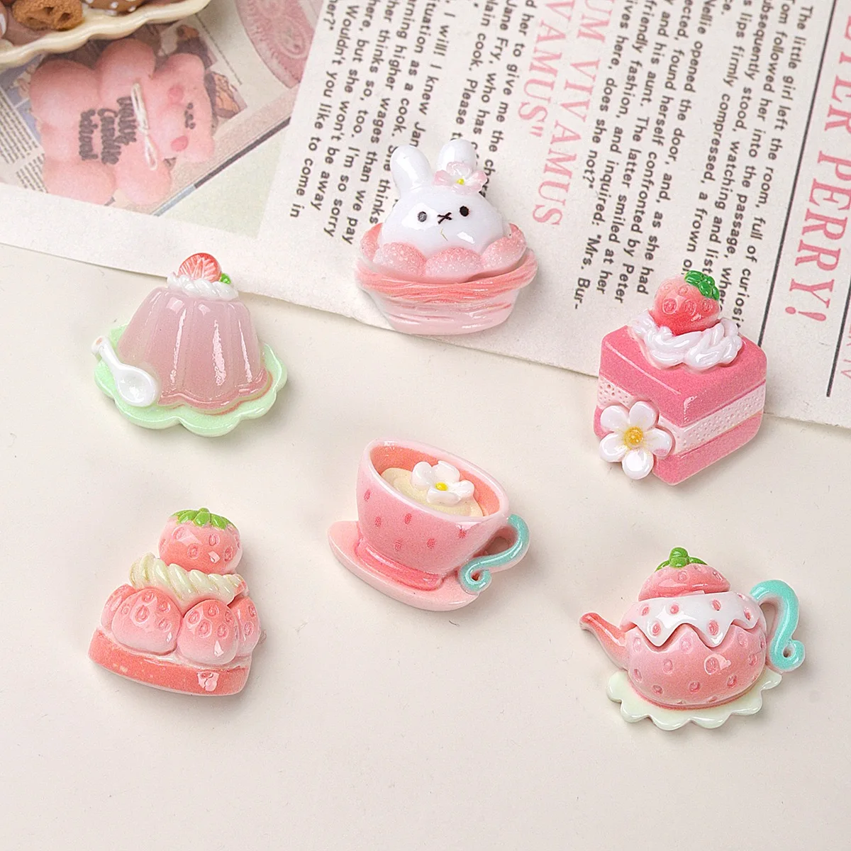 10pcs Cute Strawberry Afternoon Tea Series Resin Flatback Cabochon Scrapbooking Phone Decoration DIY  Hair Bows Center