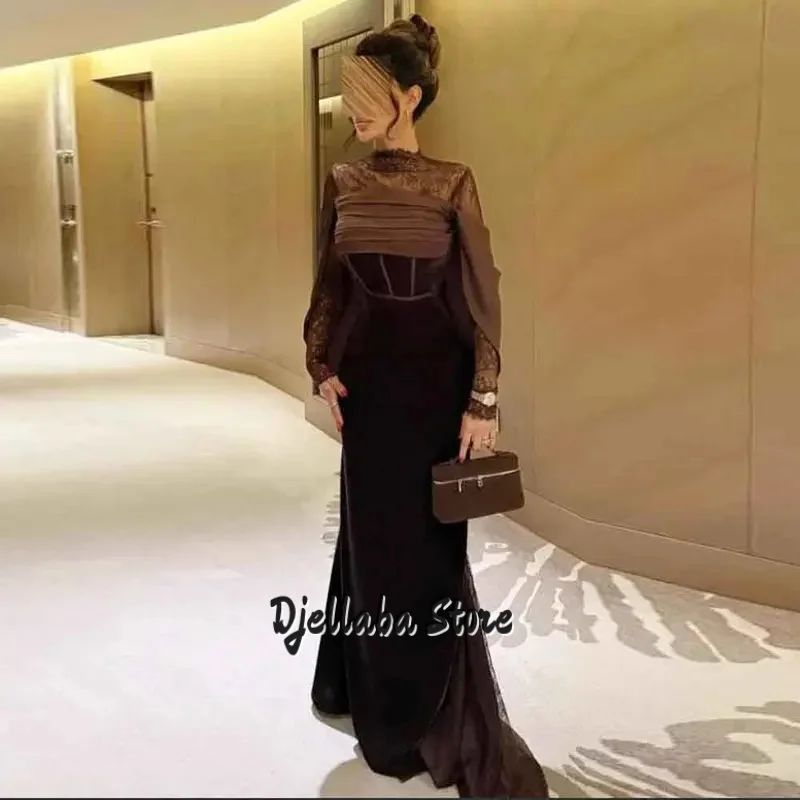 

Customized Brown Lace Top Evening Dress High Collar Full Sleeves Mermaid Wedding Guest Gown Sweep Train Velvet Winter Dresses