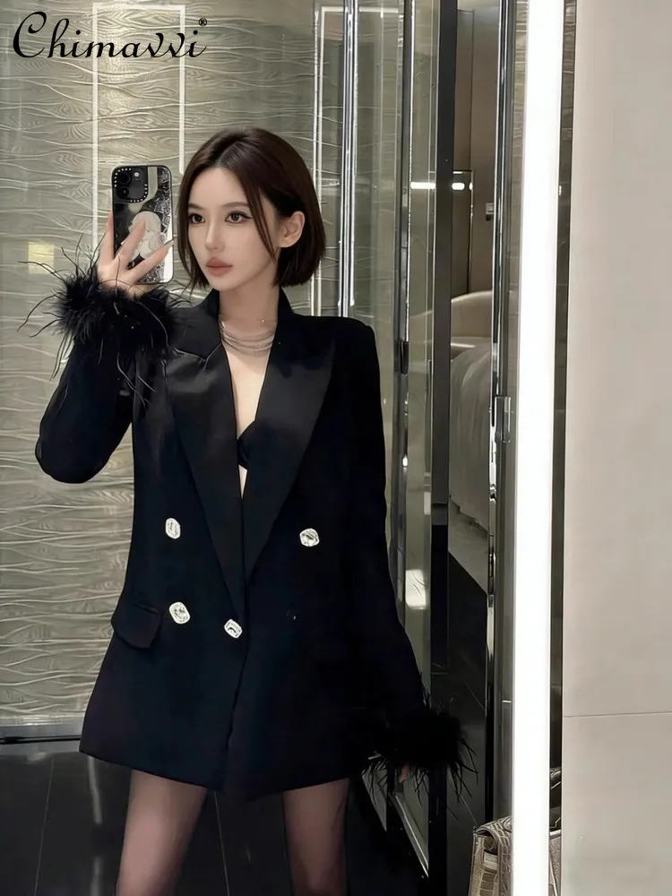 

Spring Autumn New Korean Fashion Elegant Feather Edge Double-Breasted Blazer Women's OL Long Sleeve Slim Elegant Black Jacket