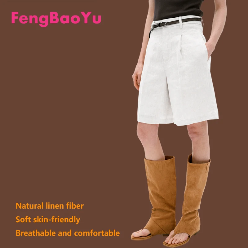 

Fengbaoyu High-end Linen Women's Quarter Pants Spring Summer Temperament Simple Yellow Outdoor Street Clothing Free Shipping