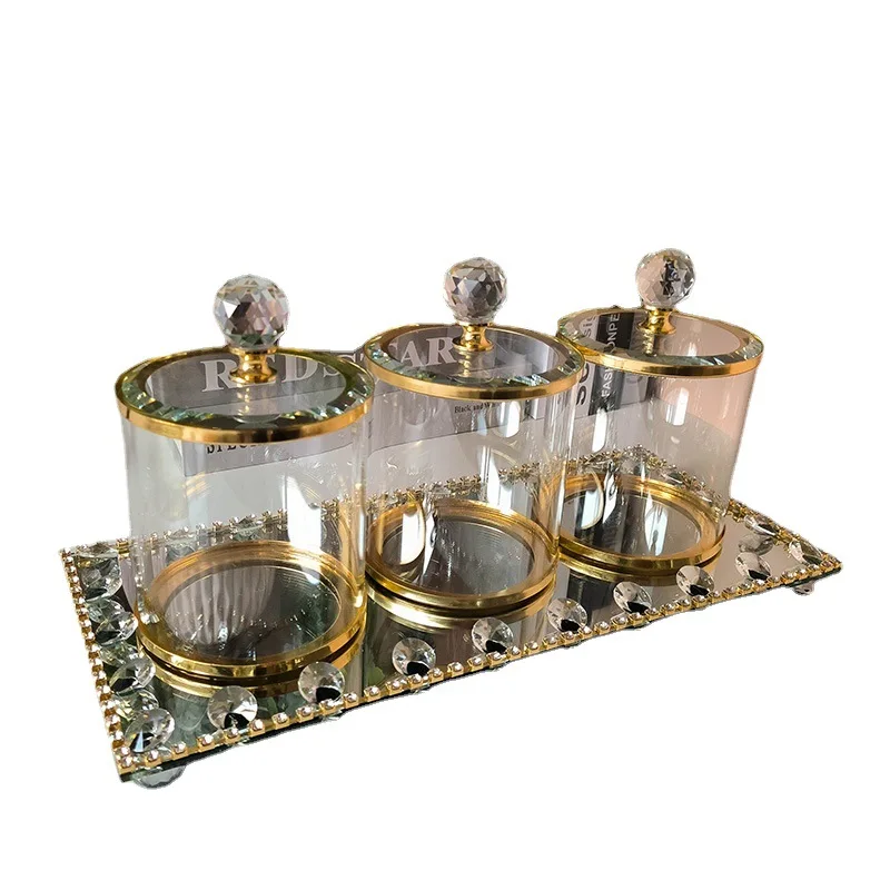 4pcs Glass Candy Jar with Lid Mirror Tray Jewelry Cosmetic Aromatherapy Tea Cup Storage Tray Gold Dried Fruit Snack Sealed Jar