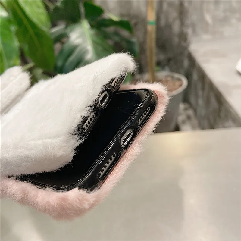 3D Embroidery Cat Warm Plush Soft Phone Case For iPhone 13 Pro Max Case 15 14 12 11 X XS XR 6 7 8 Plus SE 2022 Phone Cover Stand