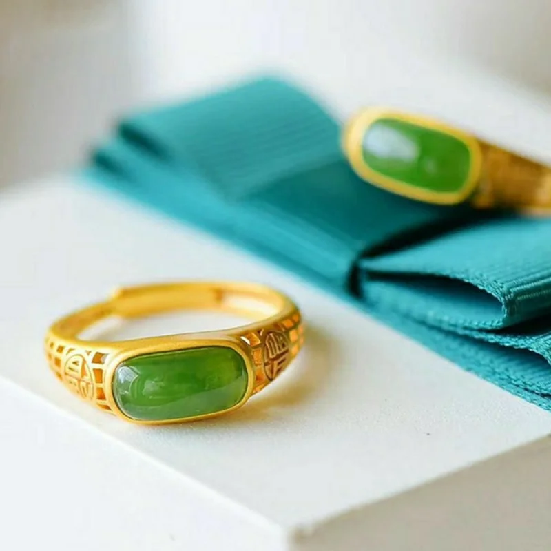 

2025 New Natural Hetian Jade Green Jade Fu Ring Gilding Long Open Square Ring Adjustable Vintage Ring