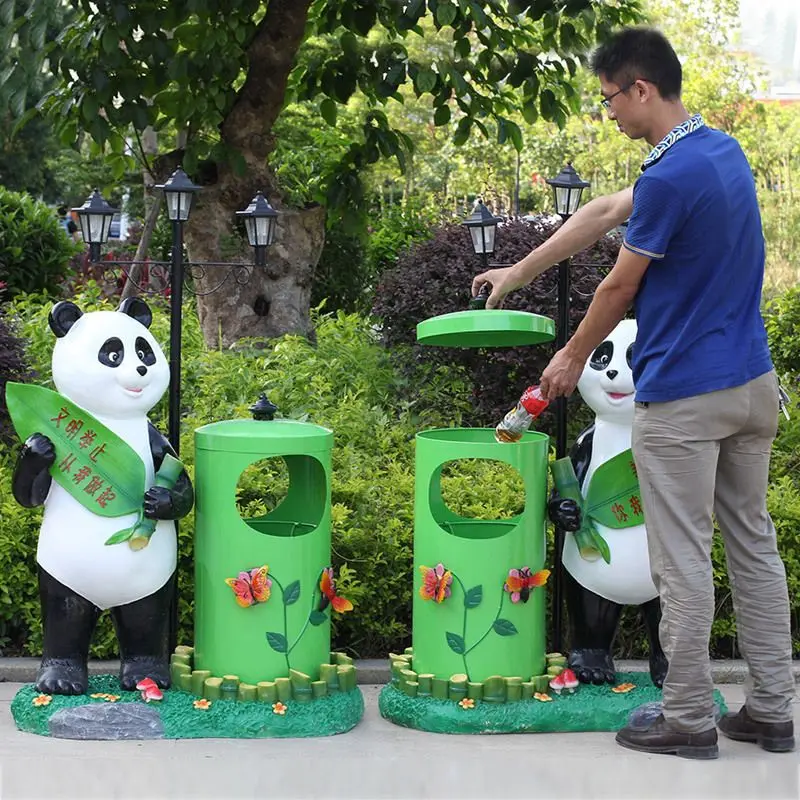 Outdoor Garden Forest Fiberglass Cartoon Panda Kindergarten Creative Trash Can Sculpture Kindergarten Ornament