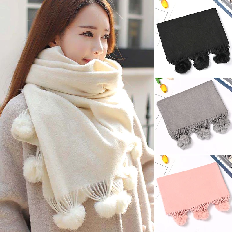 Women Warm Scarf with Rabbit Fur Ball Pashmina Thick Scarves Shawls Winter Cashmere Pompom Scarf Ladies  Oversize Blanket Wrap