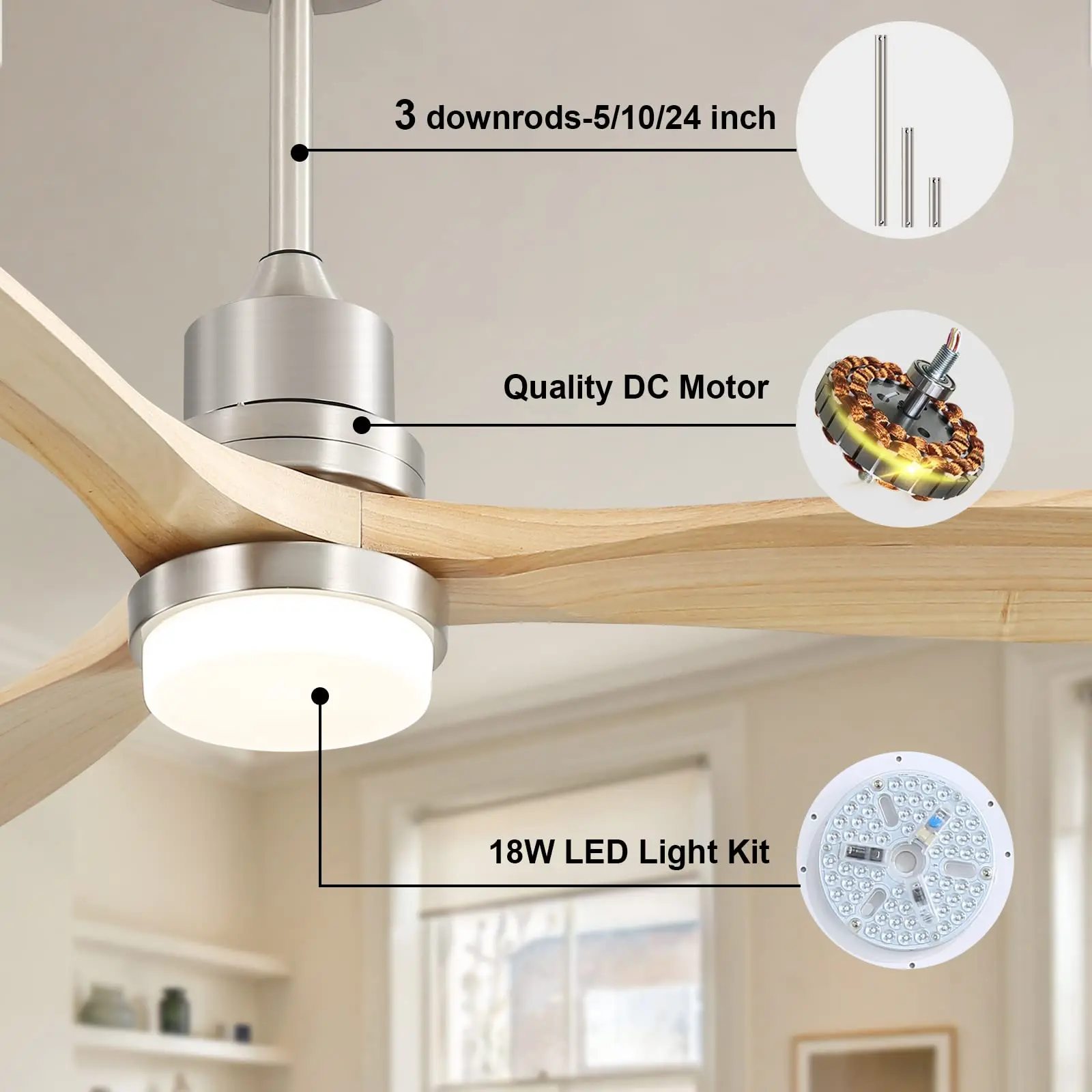 52 Zoll Decken ventilator mit Licht Fernbedienung dimmbare LED-Licht 3 Holz ventilator Flügel reversible Gleichstrom motor modernen Decken ventilator