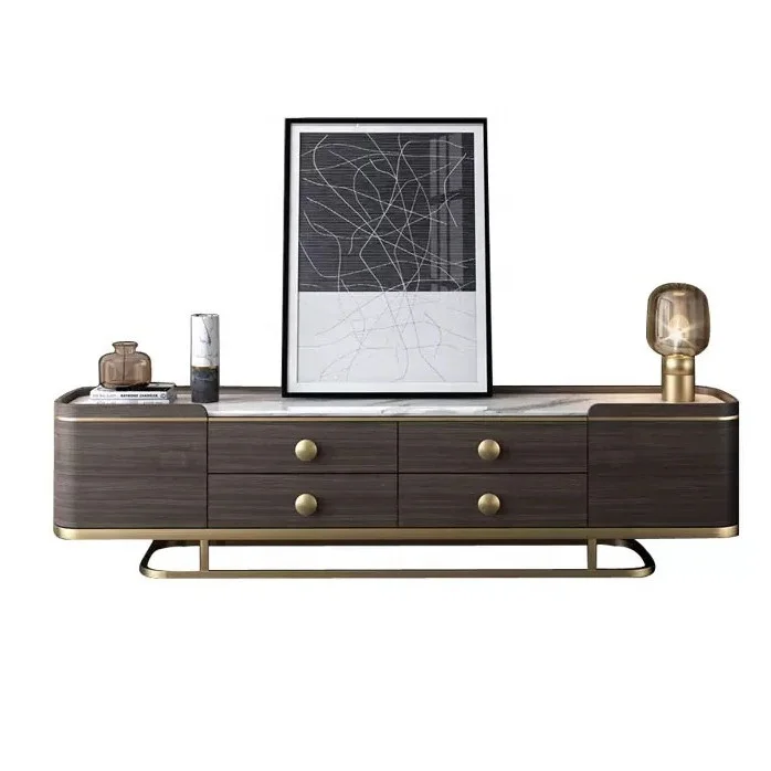 High Quality Italian Luxury Modern  Stainless Steel Base Marble Top Coffee Table and Tv Stand Set