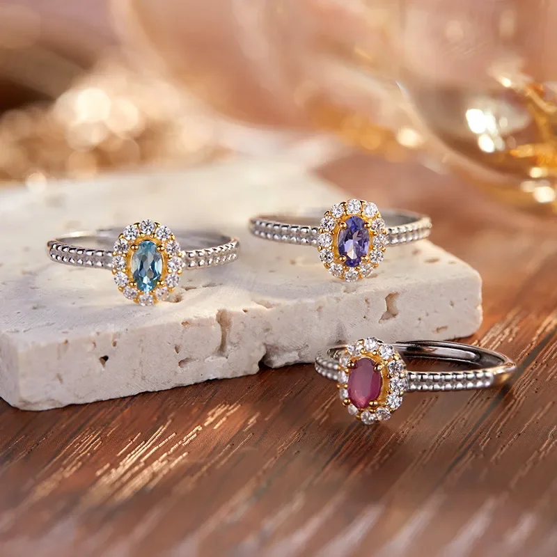 Natural Gemstone S925 Sterling Silver Ring Women's Natural Aquamarine Ruby Tanzanite Color Treasure Open Ring Silver Jewelry
