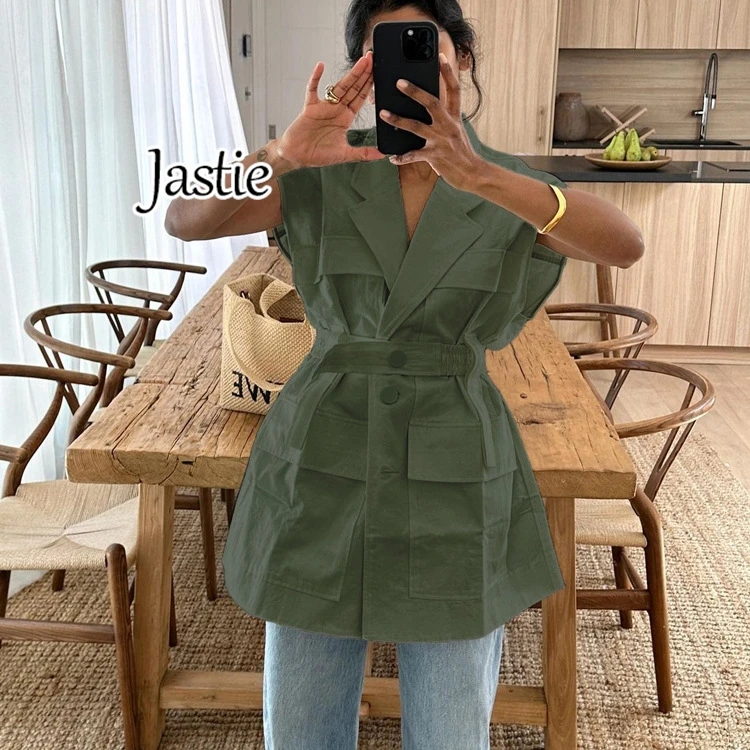 Jastie 2024 Summer Fashion Loose Cotton Women's Shirt Elegant Lapel Sleeveless Shirts Casual Classic Solid Top Female Clothing