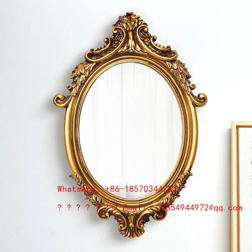 French Retro Court Gold Classical Light Luxury Resin Carved Makeup Mirror Oval Wall Hanging
