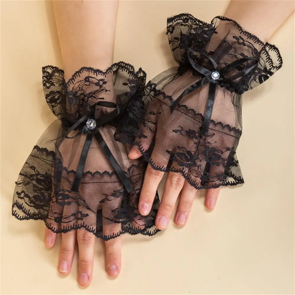 Gants sans doigts en dentelle florale à volants, mancommuniste de bras en dentelle Lolita, mancommuniste de poignet, manchons de main punk Bownot, noir, mode, maille, 1 paire