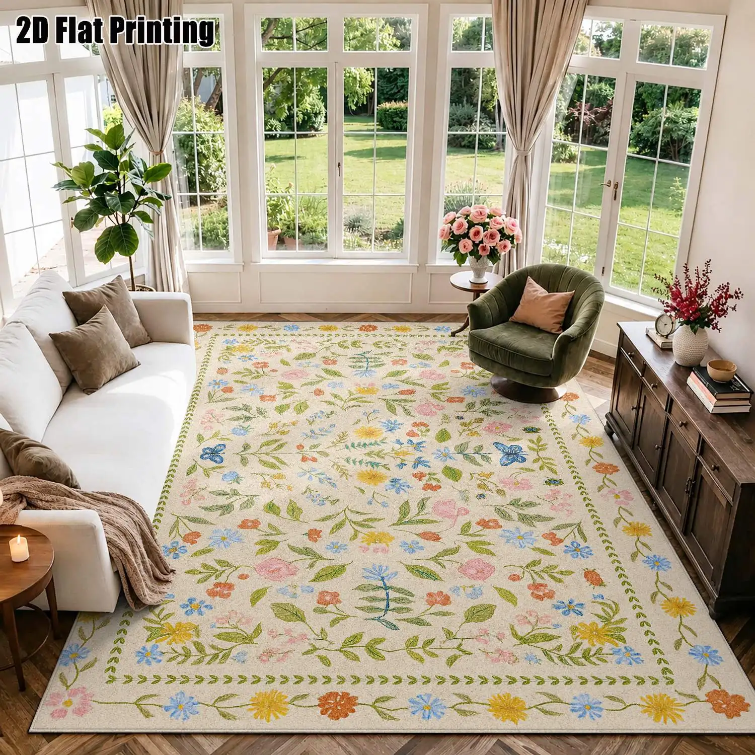1Pc 2D Printed Carpet: Beige Base, Multicolor Floral Patterns Nordic/Bohemian/Vintage Style, Machine Washable, Ideal for Home Decor Multi-Scenes.