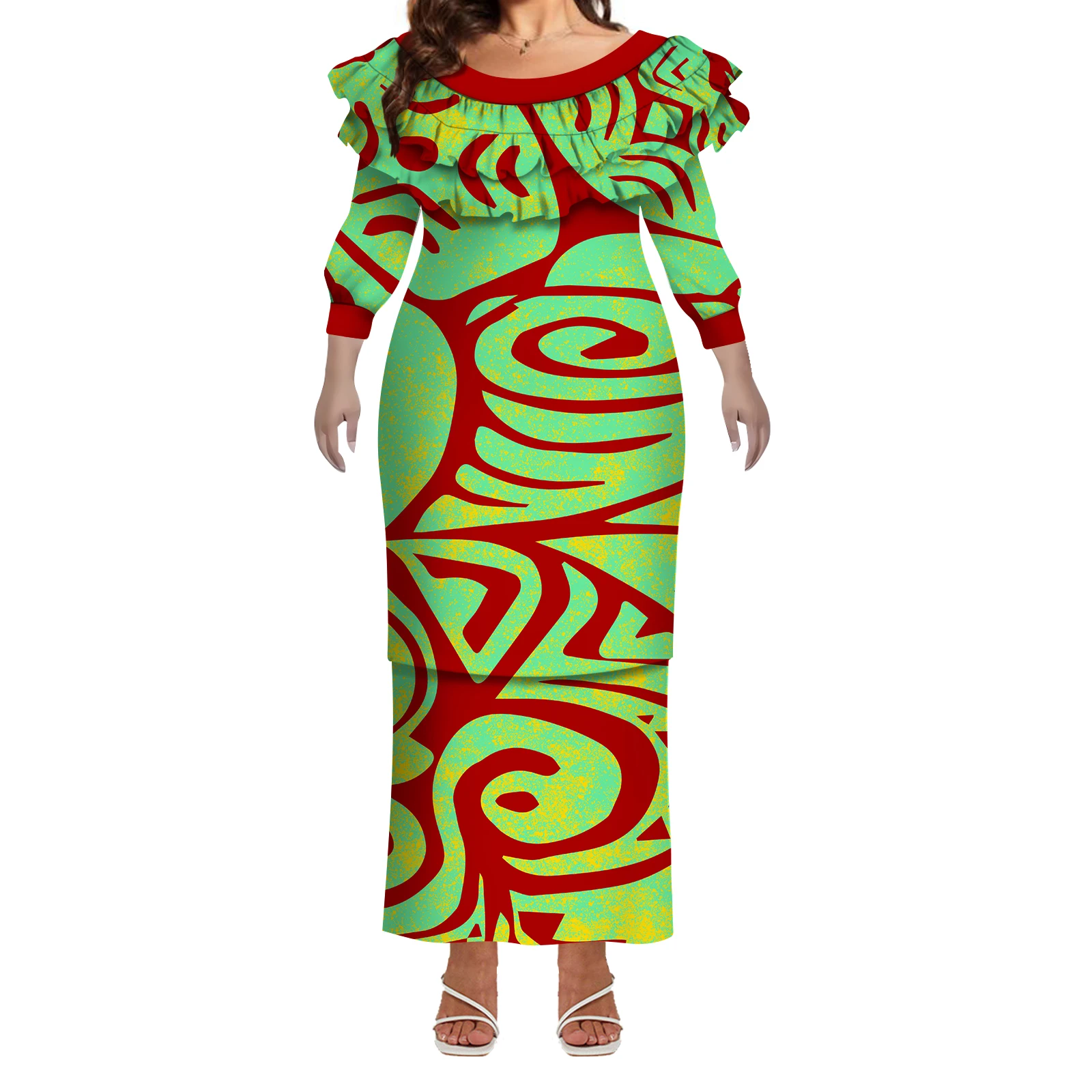 Vestido feminino polinésio, confortável e casual, camada dupla, babados, manga média, feito sob medida, pulôverasi, vestido justo