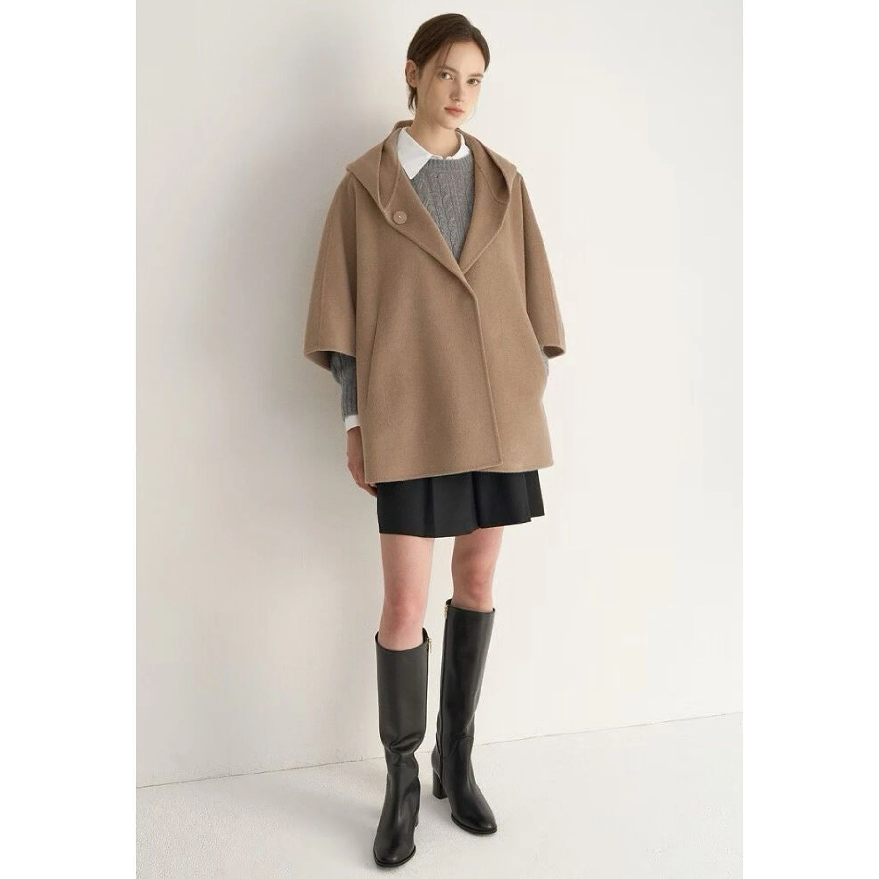 

Faionable Woolen Coat Lemon Cheese Loose Cowl Ne Hooded A-Line Cloak Sle Autumn Elegance Long Sve Commute Pure Color