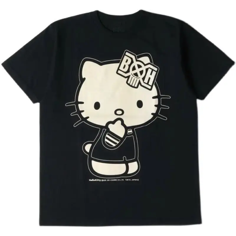 Miniso Kawaii Hellokitty Black T-shirt Pure Cotton Kitty Print Cute Top O-neck Short Sleeve Casual Tees Plus Size Women Clothing