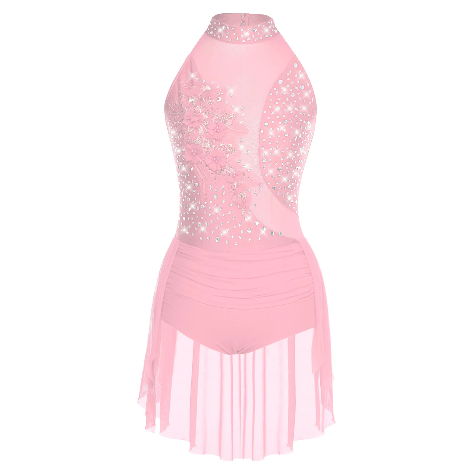 

Women Applique Dance Bodysuits Dress Skating Lyrical Dancewear Sleeveless Rhinestones Irregular Skirted One Piece Leotard Dress