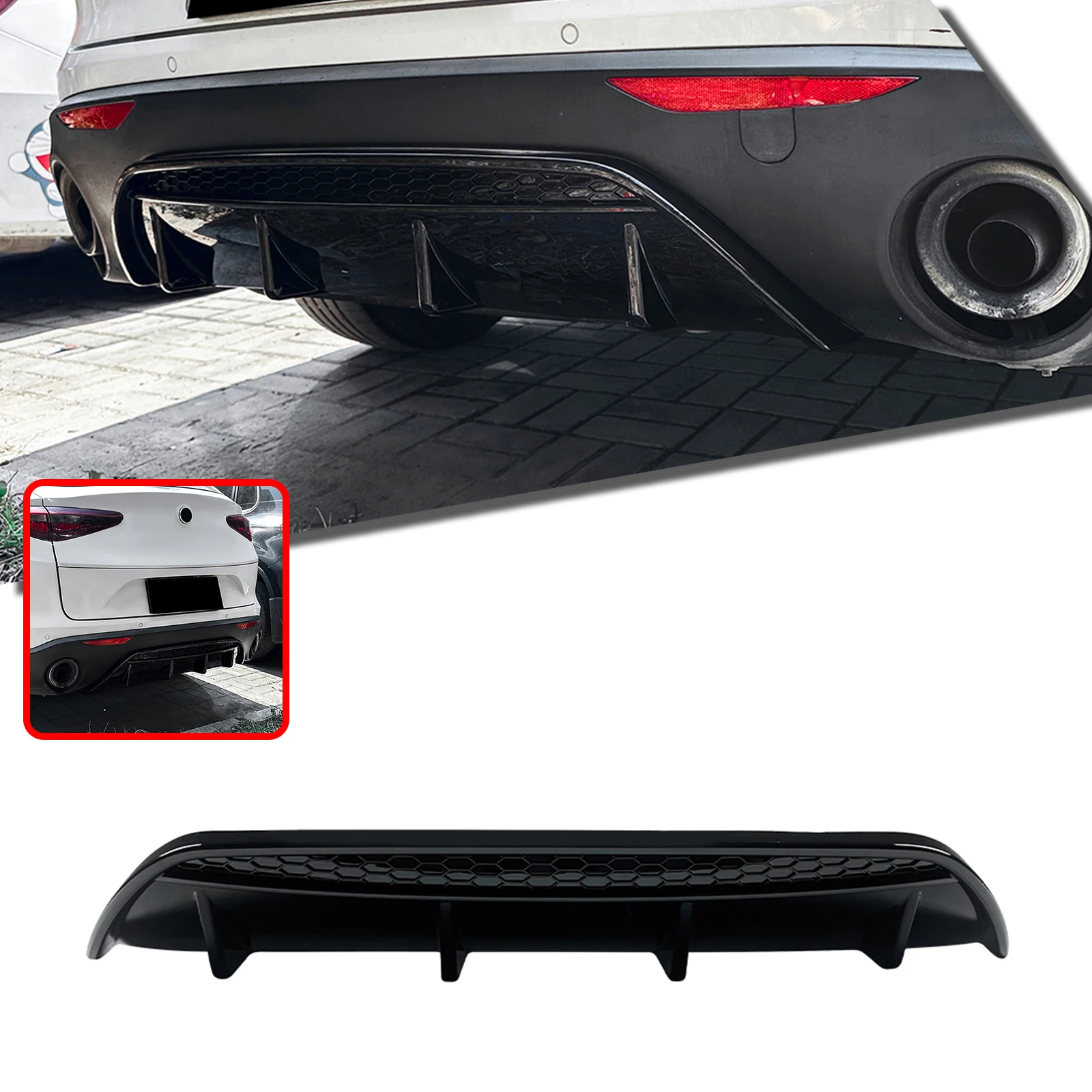

Splitter Tail Boot Spoiler Protector Cover Gloss Black/Carbon Fiber Look Rear Bumper Diffuser Lip For 2017-24 Alfa Romeo Stelvio