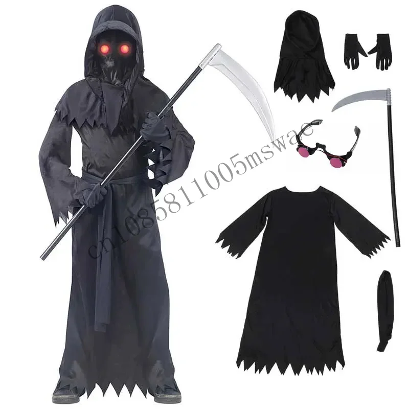 Meninos meninas grim reaper cosplay com chapéu máscaras olhos luminosos morte gancho foice festa terror traje de halloween cmmn11