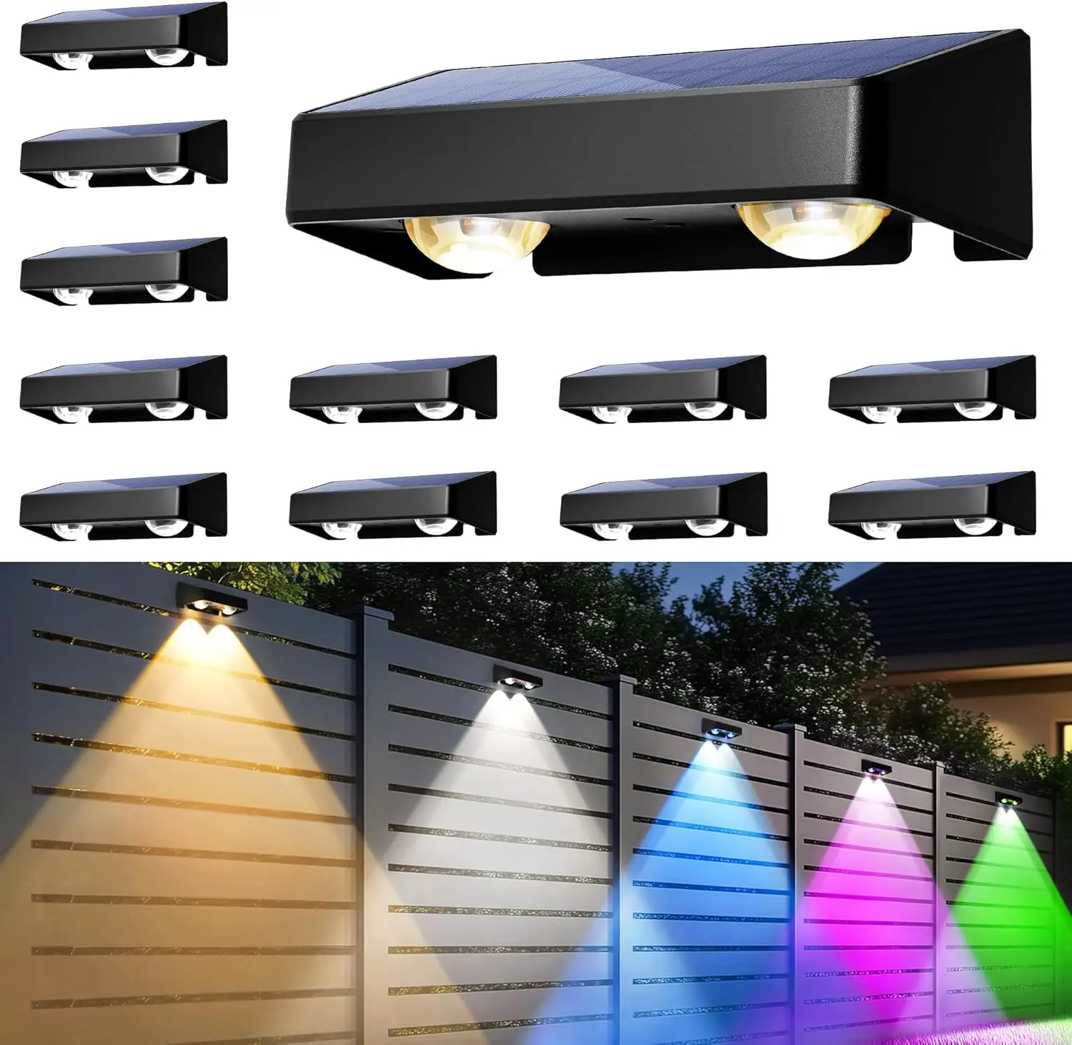 

Солнечные светильники для забора, 9 фиксированных цветов и изменение цвета, водонепроницаемость IP65, для декора патио и двора (12 штук в упаковке)