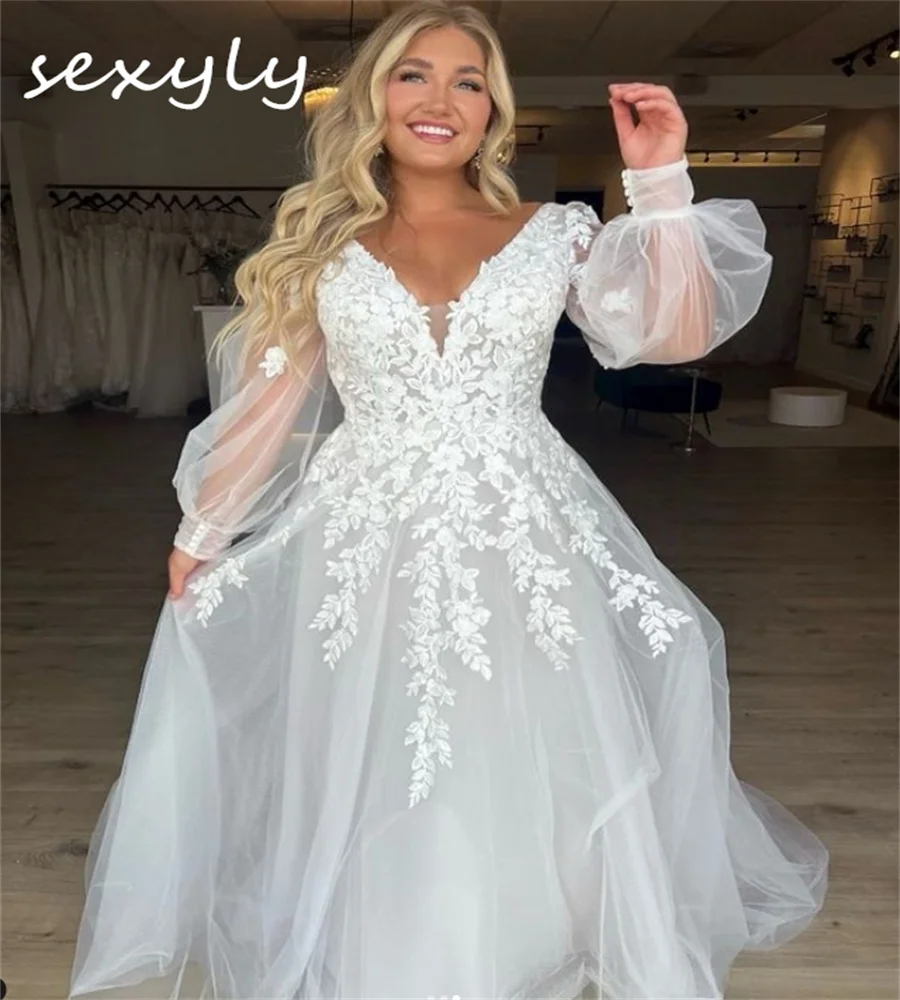 

Plus Size Boho Wedding Dress With Lace V Neck Illusion Long Sleeve A Line Beach Bride Dress Elegant Tulle Bohemian Customized