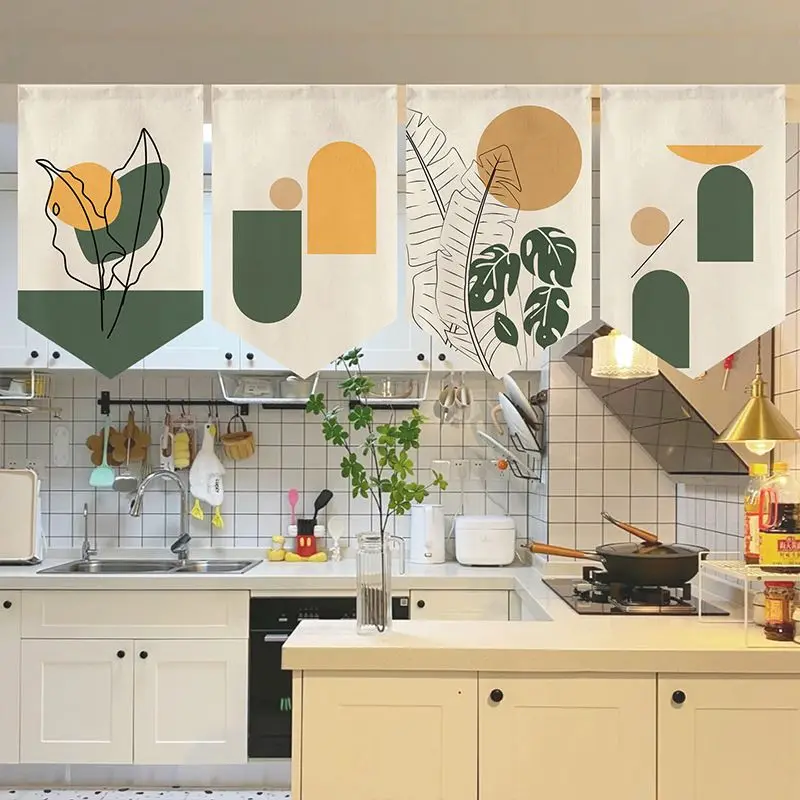 VIKAMA Minimalist Geometric Leaf Triangle Noren Curtain Boho Abstract Plant Print Fabric Kitchen Window Valance Doorway Decor