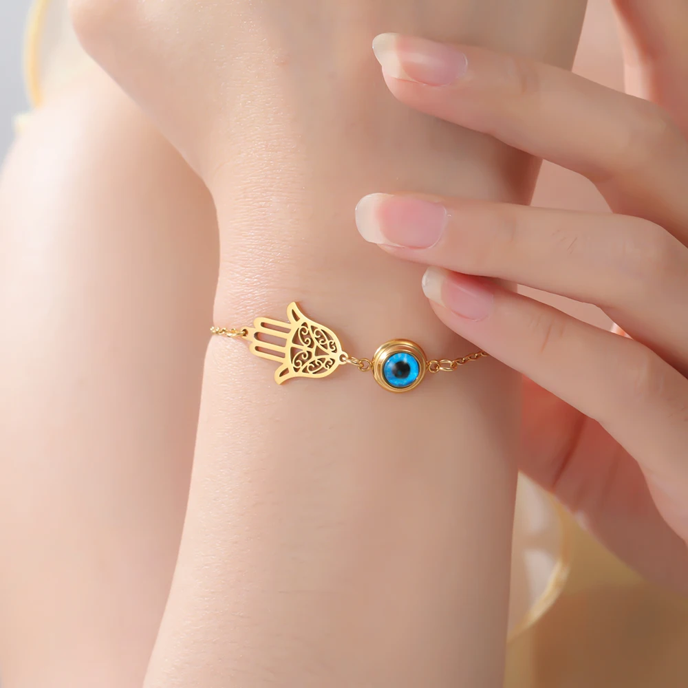 Dawapara Hamsa Böser Blick Armband Hand der Fatima Schutz-Talisman Glücksbringer Edelstahl-Schmuck – Detail 4