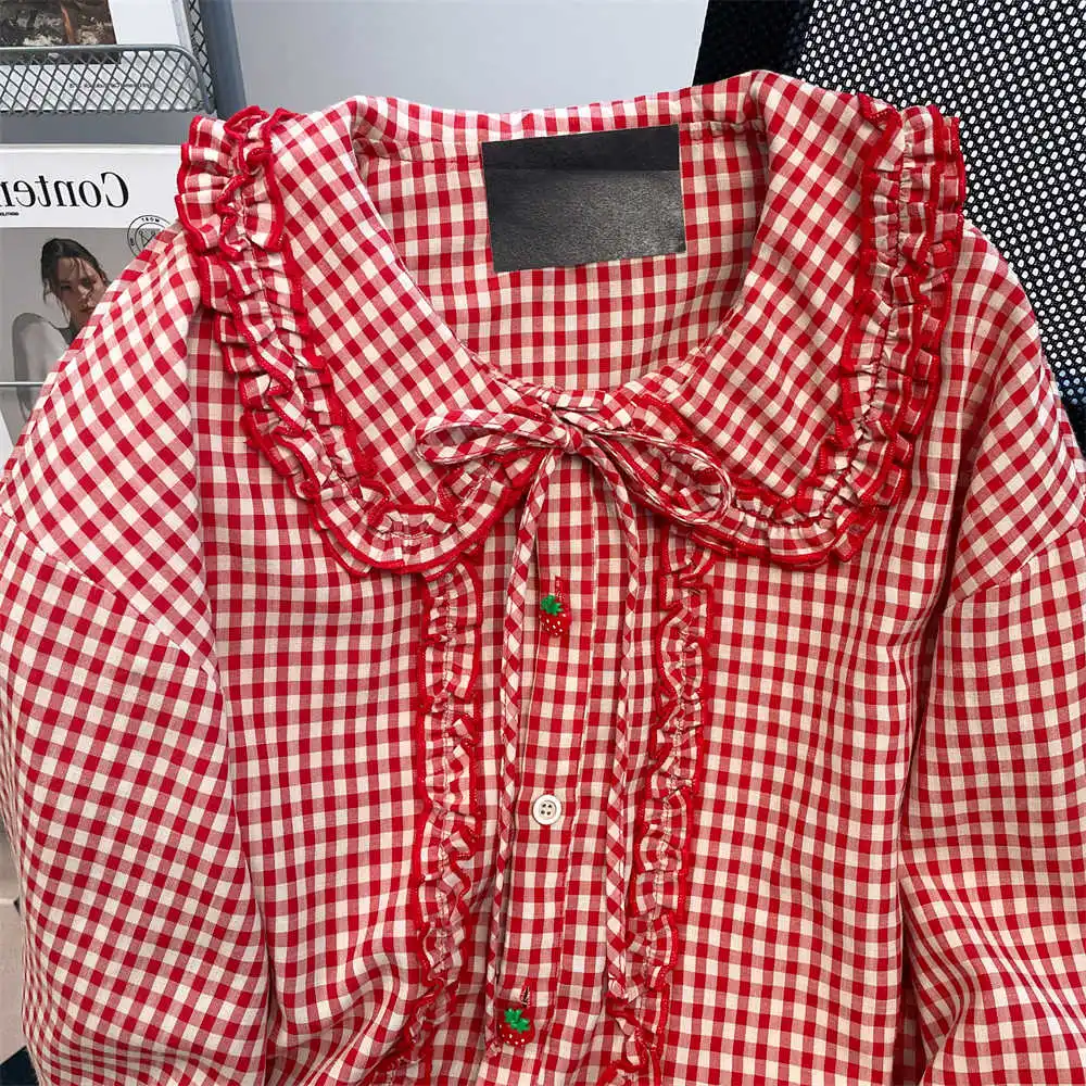 Women Red Bow Plaid Shirts Blouses Vintage Y2k Japanese Street Fashion 2000s Peter Pan Collar Long Sleeve Shirt Cutecore Clothes