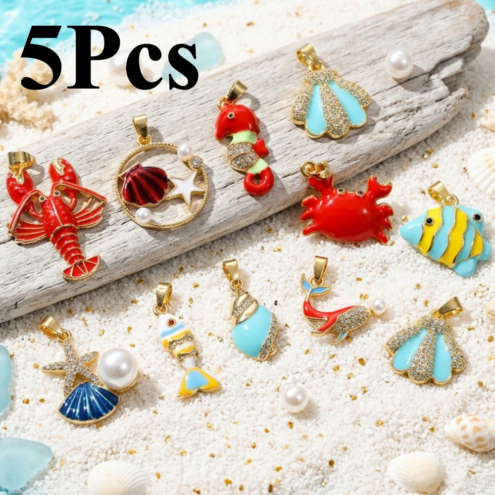 5Pcs Copper Ocean Jewelry Charms Enamel Crab Lobster Shell Fish Pendant for Jewelry Making DIY Necklace Bracelet Accessories