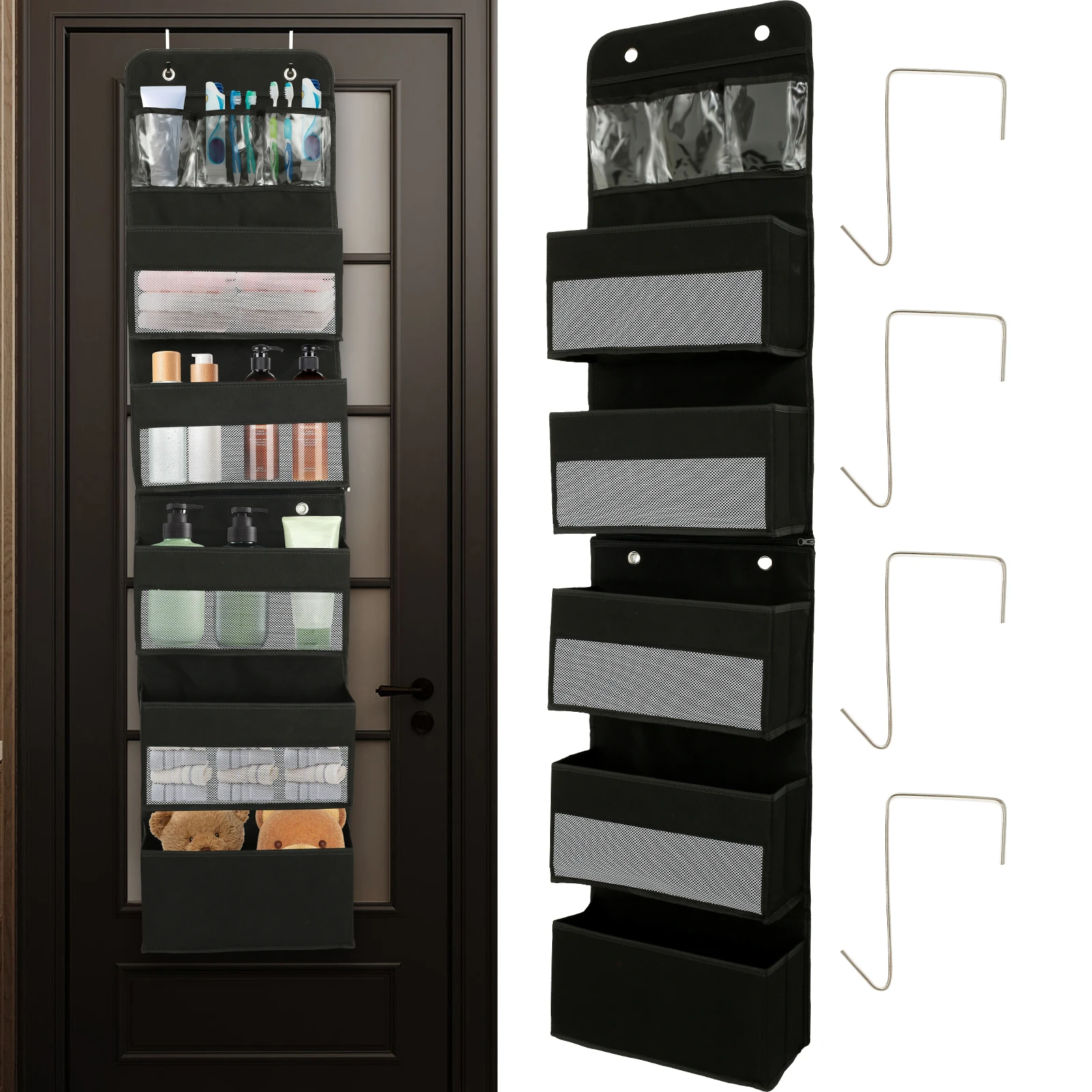 Over the Door Organizer with 5 Large Pockets 5 Layer Divisible Behind Door Storage with Clear Window Hanging Storage Organizer