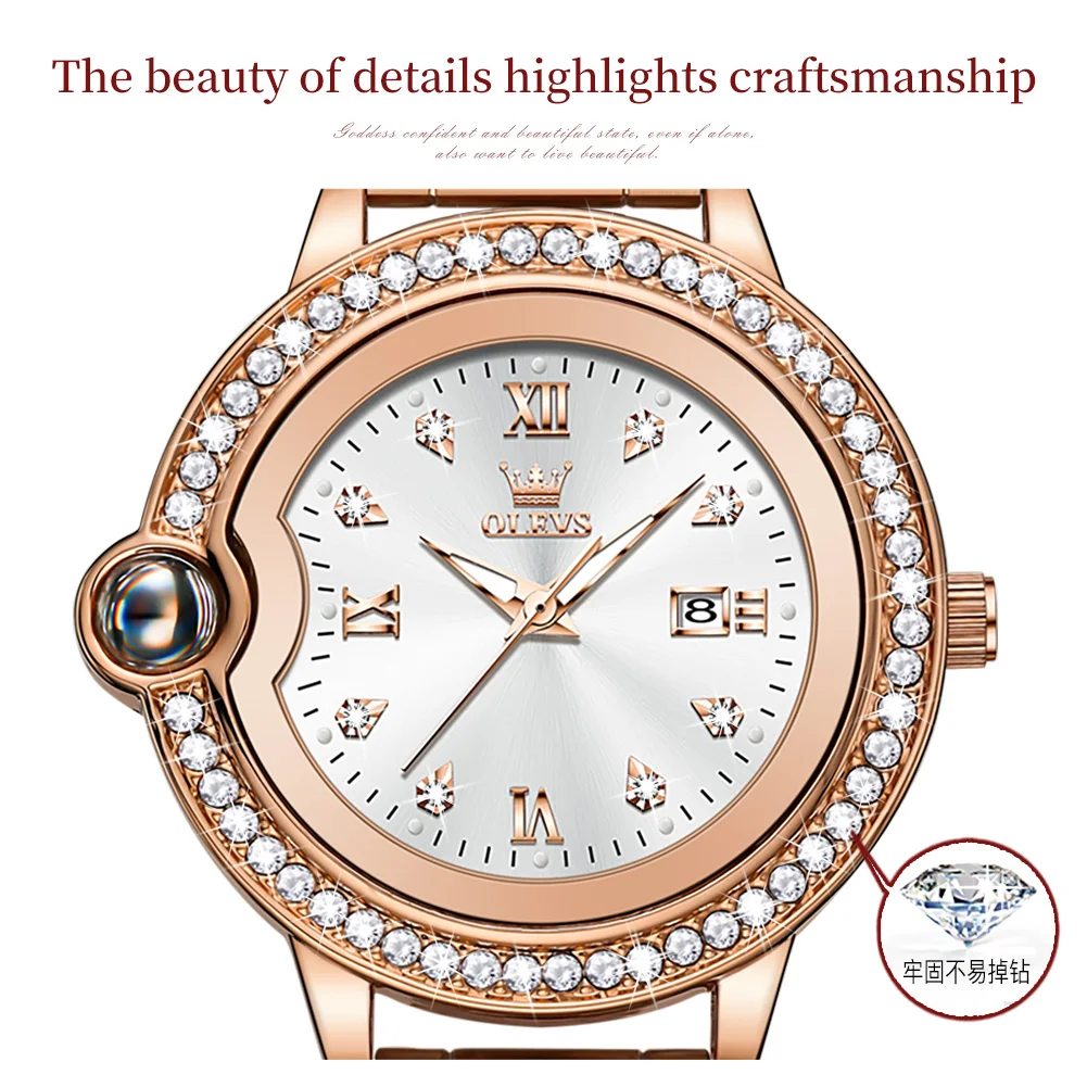 OLEVS Quartz Watch for Women Luxury Elegant Diamond Wristwatch Stainless steel Waterproof Bracelet Watch Set Gift 2024 Trend