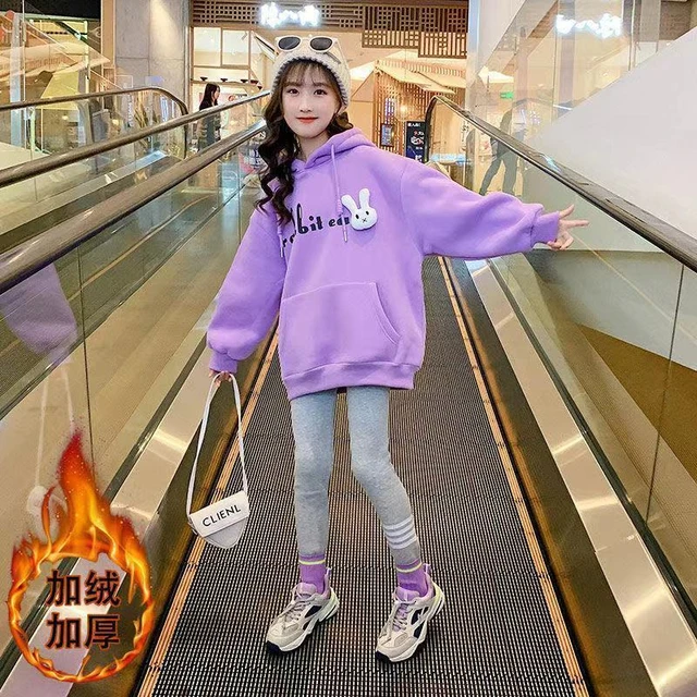 2022 Cutey Kids Sweatshirt For Girls Winter Thick Warm Elegant Long Sweatshirts Hooded Teenager Outerwear 4 5 6 7 8 9 10 11 Year