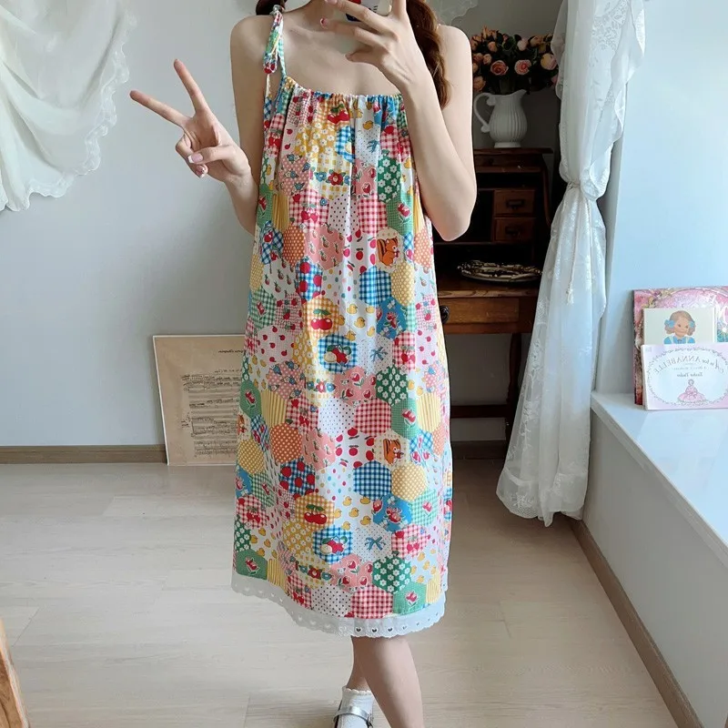 2024 Summer Spaghetti Straps Floral Patchwork Dress Mori Girl Holiday Boho Long Dresses Lace Edge Big Hem Vacation Sundress