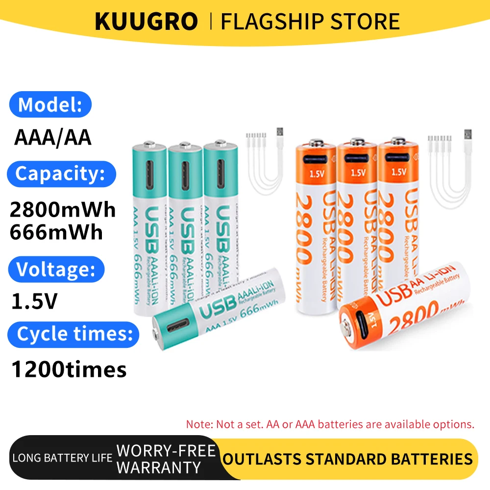 

kuugro USB 1.5V AAA and AA Rechargeable Lithium ion Batteries 1.5V 2800mWh aa Li-ion Batteries+666mWh 1.5V aaa Li-ion Battery