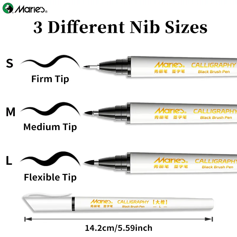 Marie's Calligraphy Pens Set, 3 Sizes Black Soft Tip Brush Pens for Writing, Hand Lettering Pen for Beginners and Adults