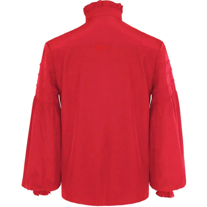 dd12White Black Red Ruffles Stand Collar Lantern Sleeve Victorian Goth Shirt Men Medieval Top Vintage Clothes Male Party Banquet