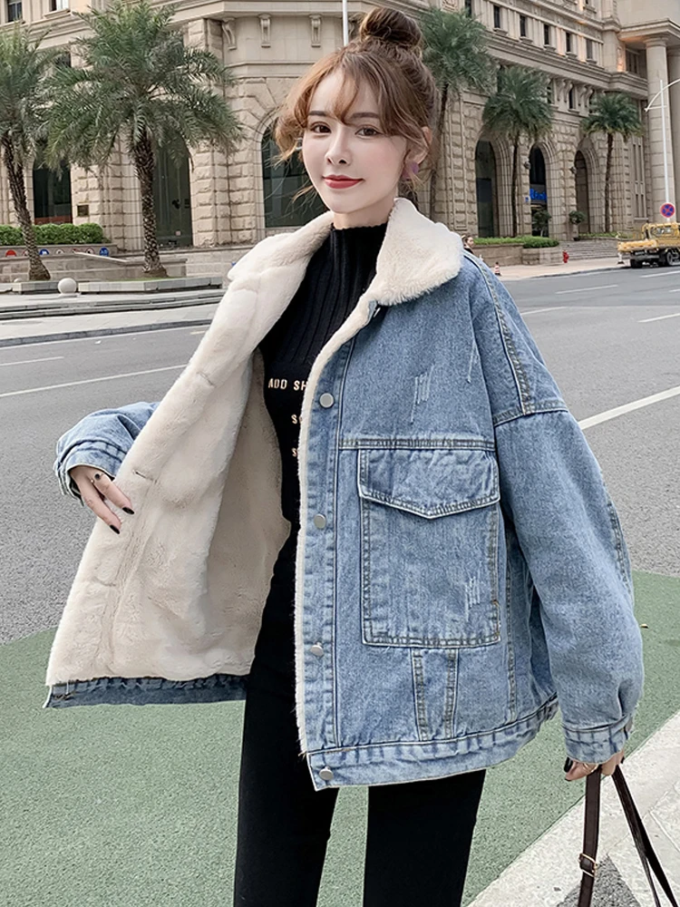 

Women Fleece Denim Jackets Autumn Winter Lapel Loose Thick Warm Jean Coats Big Pockets Versatile Casual Solid Outerwear