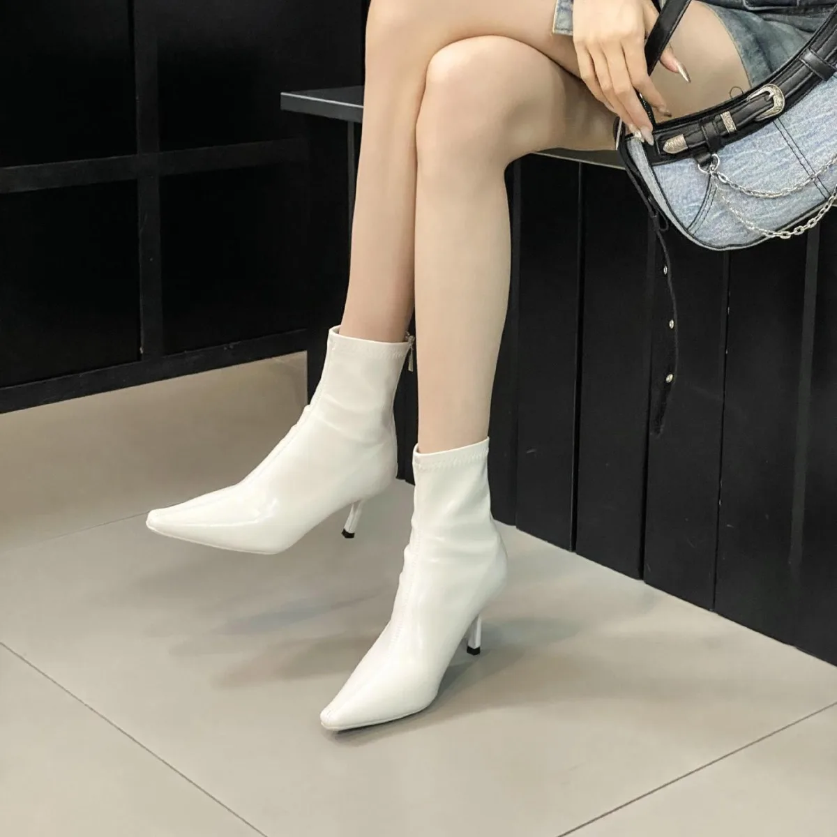 Zapatos botas de moda para mujer botas con cremallera-calzado de invierno para mujer Punk otoño puntiagudo de goma tacón alto 2024 tobillo PU puntiagudo sólido