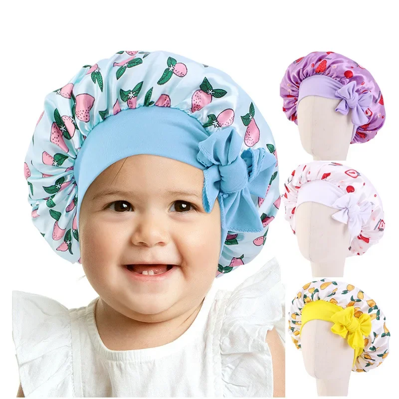 Fruit Printed Kids Satin Bonnet Silk Cap Child Hair Protect Beanie Night Boy Girls Floral Silk Sleep Cap with Band Bow Knot Hat