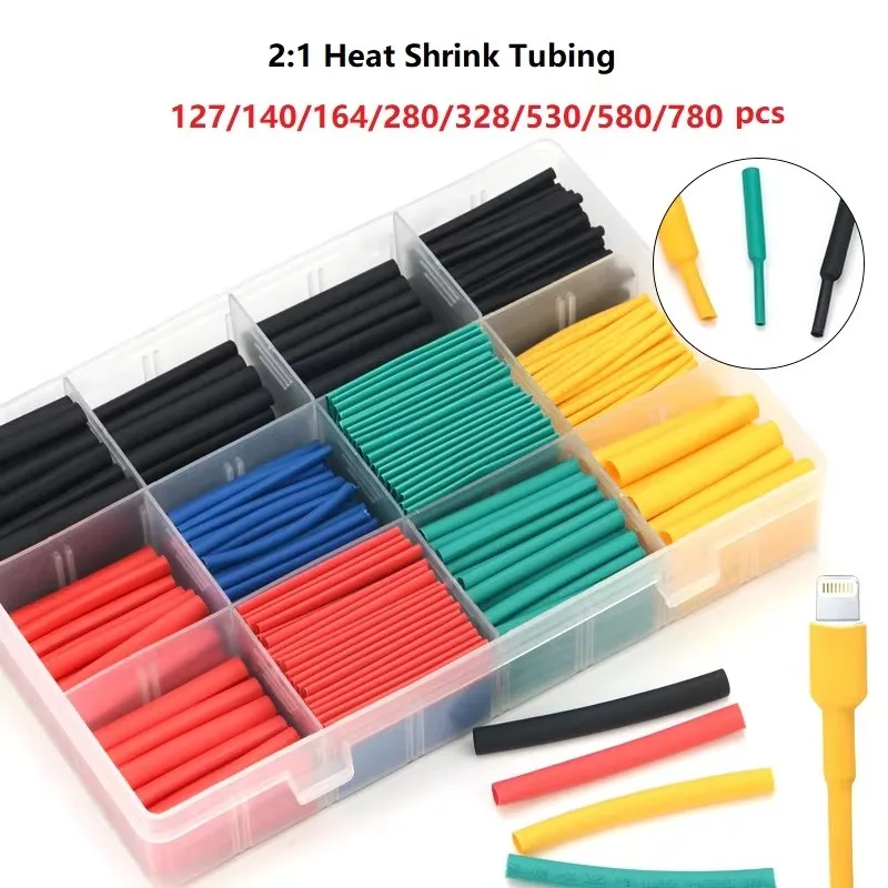Electrical Connection Wire Cable Insulation Sleeving, Heat-Shrink Tube, Thermoresistant Wrapping Kit, 127-780Pcs