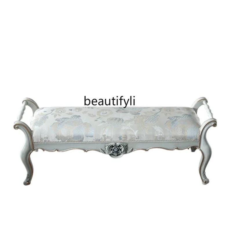D132 new style French Furniture European-Style Carved Bed End Stool Mercerized Fabric Bed Bed Bedroom Solid Wood Shoe Changing S