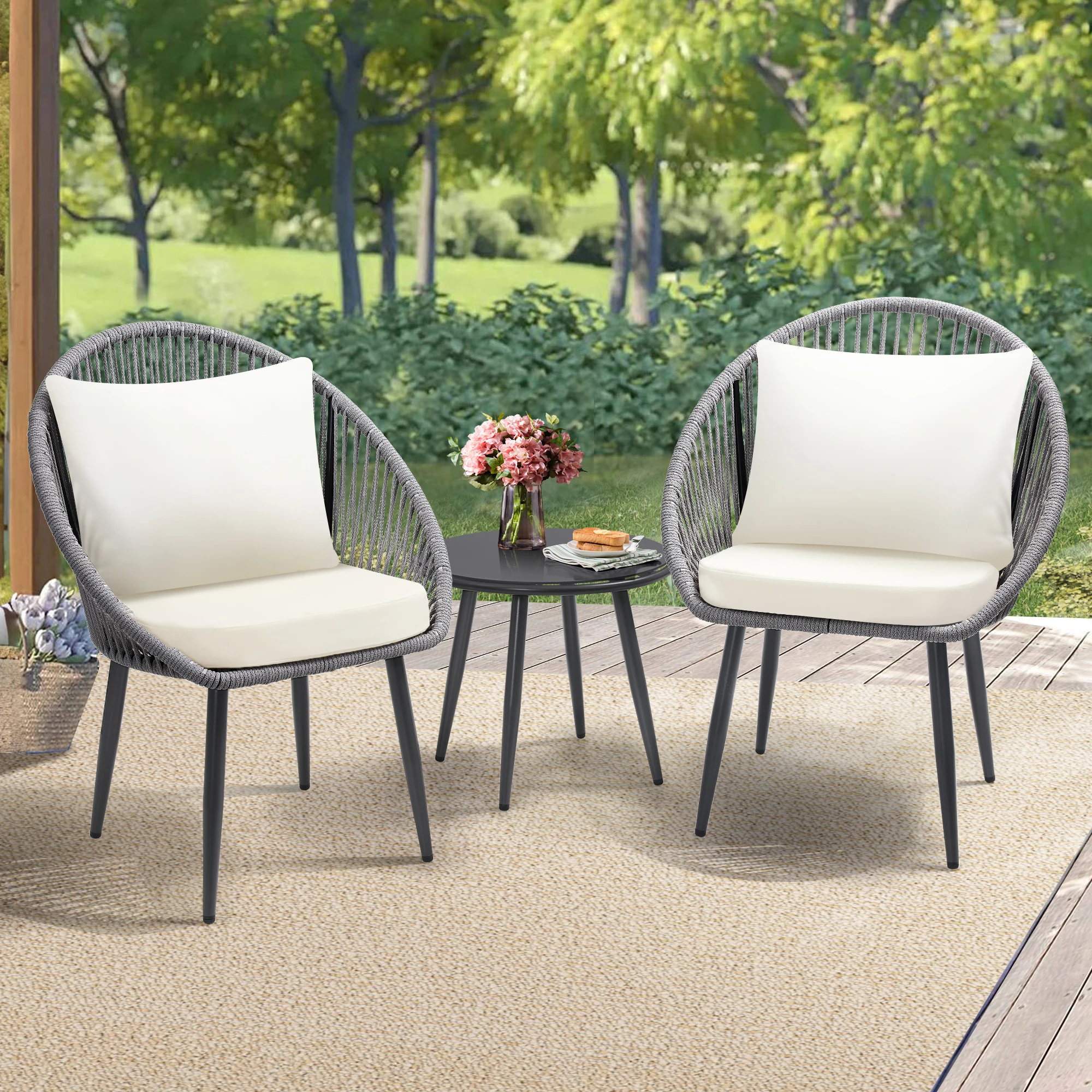 3 Pieces Outdoor Conversation Bistro Set Woven Rope Chair With Cushions Side Table For Balcony Deck Poolside