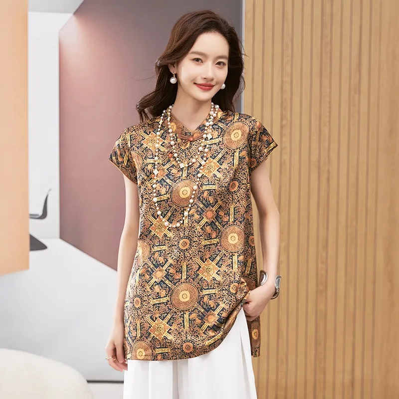 Women's Blouse Short Sleeve Round Neck Top Mandarin Collar Tunic Geometric Print Loose Fit Mid Length Gold Brown Shirt